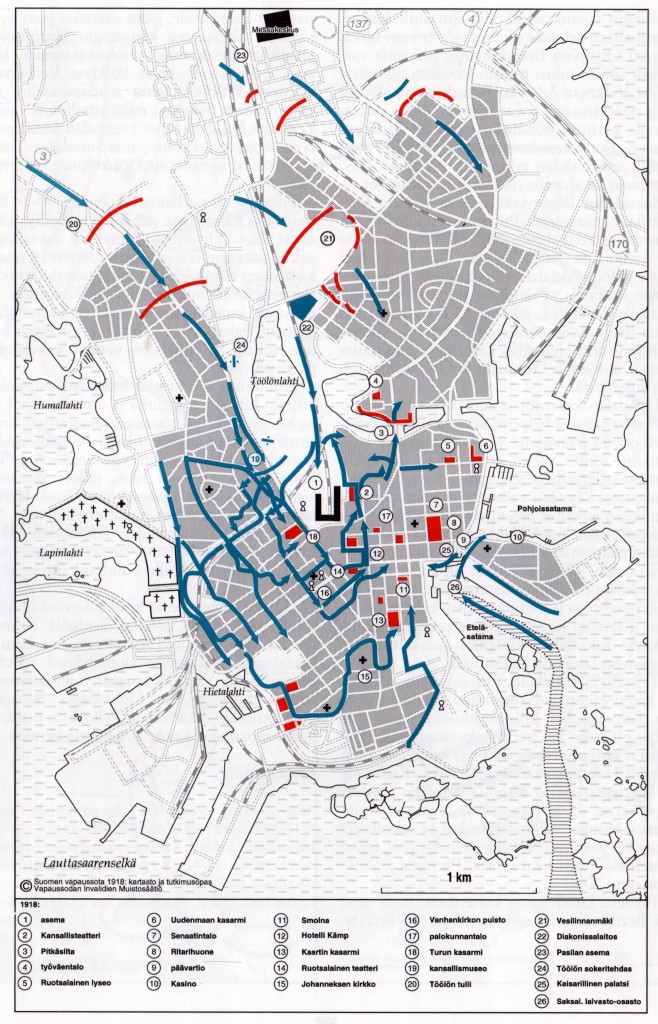 Helsingin valtaus huhtikuussa 1918. Saksalaisjoukkojen etenemistä punaisten puolustuslinjojen läpi kuvataan sinisillä nuolilla. 